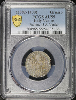 Obverse of this (1382-1400) Italy Venice Silver Grosso Paolucci-3 Antonio Venier PCGS AU-55