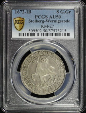 Obverse of this 1672-IB German States Stolberg-Wernigerode Silver 8 Gute Groschen KM-27 PCGS AU-50