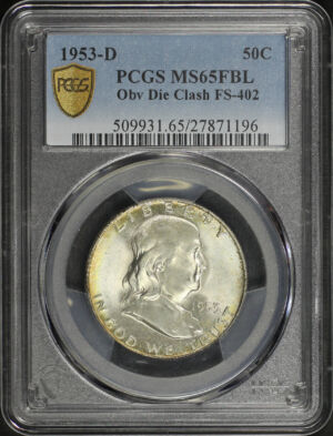 Obverse of this 1953 Franklin Half Dollar Obverse Die Clash FS-402 PCGS MS-65 FBL