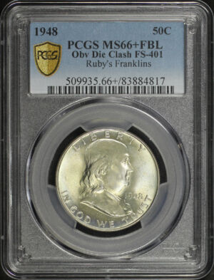 Obverse of this 1948 Franklin Half Dollar Obverse Die Clash FS-401 PCGS MS-66+ FBL Ruby’s Franklins