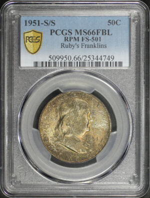 Obverse of this 1951-S/S Franklin Half Dollar RPM FS-501 PCGS MS-66 FBL Ruby’s Franklins