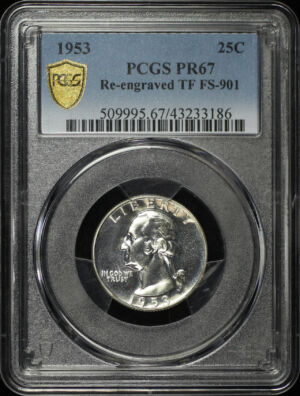 Obverse of this 1953 Washington Quarter Re-engraved Tailfeathers FS-901 PCGS PR-67