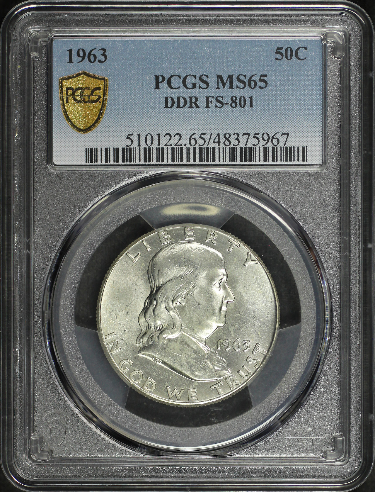 Obverse of this 1963 Franklin Half Dollar DDR FS-801 PCGS MS-65