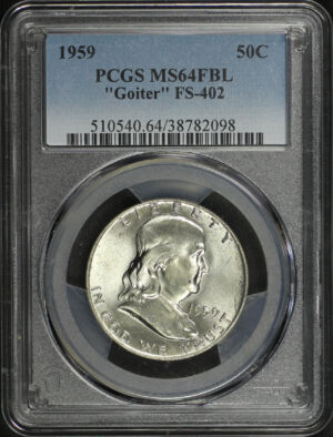 Obverse of this 1959 Franklin Half Dollar “Goiter” FS-402 FBL PCGS MS-64