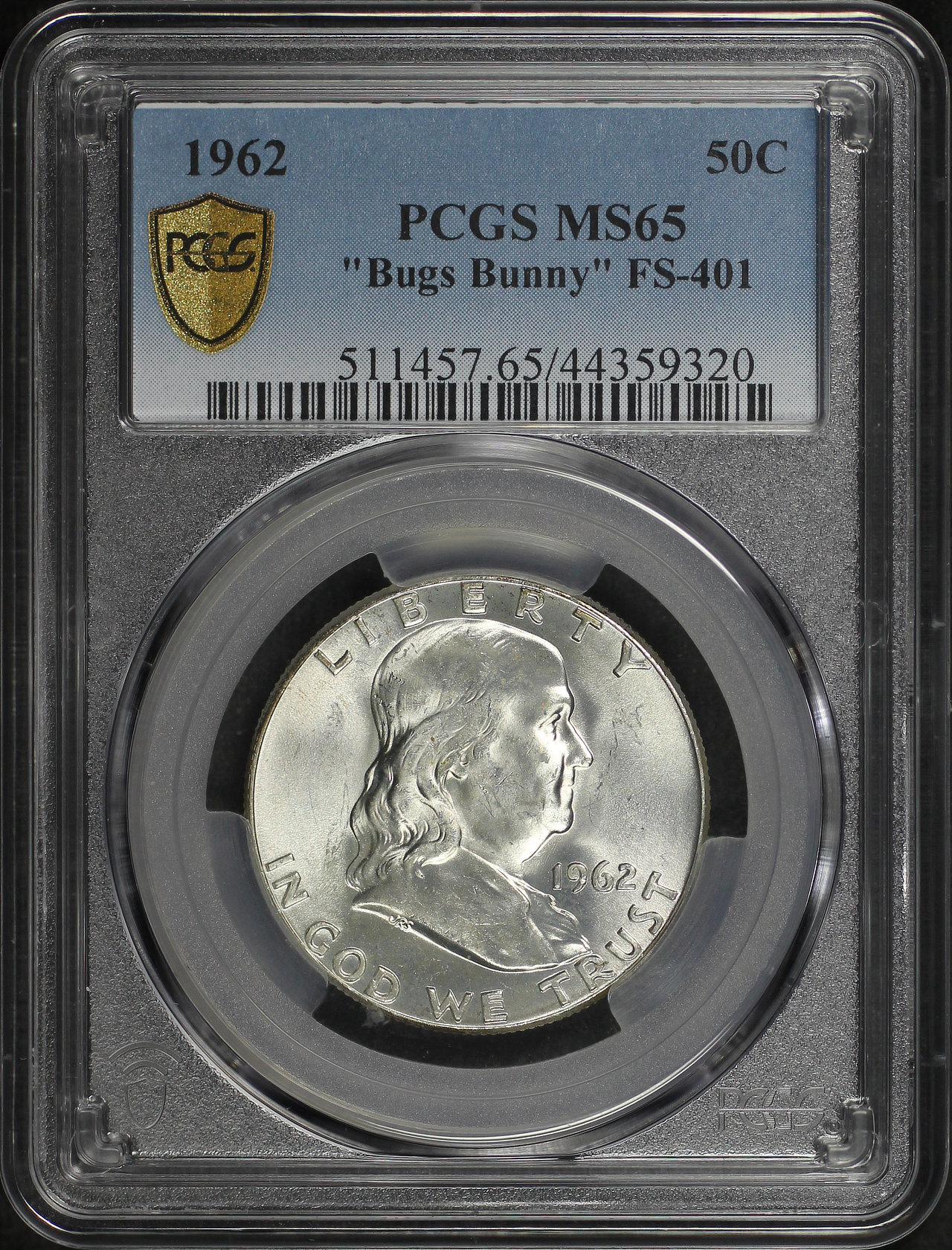 Obverse of this 1962 Franklin Half Dollar “Bugs Bunny” FS-401 PCGS MS-65