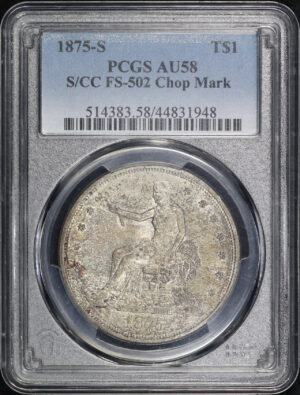 Obverse of this 1875-S/CC Trade Dollar FS-502, C-7 OMM PCGS AU-58 Chop Mark