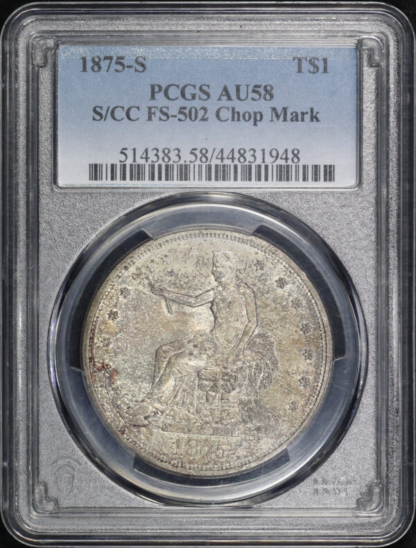 Obverse of this 1875-S/CC Trade Dollar FS-502, C-7 OMM PCGS AU-58 Chop Mark