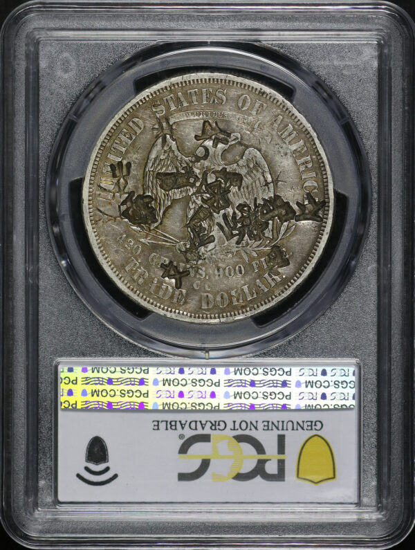 Reverse of this 1875-CC Trade Dollar Type-I/I Chopmarked PCGS VF Details Scratch