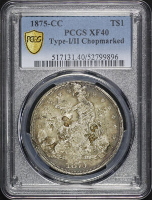 Obverse of this 1875-CC Trade Dollar PCGS XF-40 Type-I/II Chopmarked