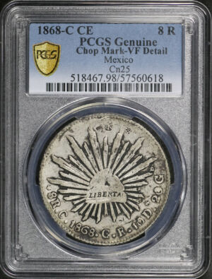 Obverse of this 1868 Mexico Cn25 8 R PCGS VF Detail Chop Mark
