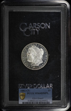 Obverse of this 1882-CC Morgan Dollar PCGS MS-64 DMPL GSA Hard Pack With Box
