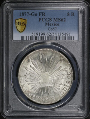 Obverse of this 1877-Go FR Mexico Go57 8R PCGS MS-62