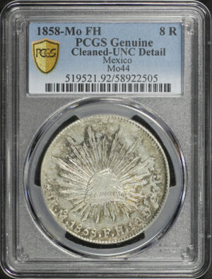 Obverse of this 1858-Mo FH Mexico 8 R PCGS UNC Details Cleaned