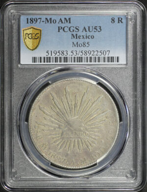 Obverse of this 1897-Mo AM Mexico Mo85 8 R PCGS AU-53