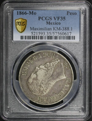 Obverse of this 1866-Mo Mexico Maximilian KM-388.1 Peso PCGS VF-35