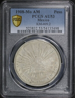 Obverse of this 1908-Mo AM Mexico KM-409.2 Peso PCGS AU-53