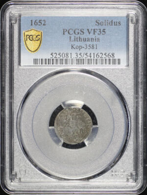 Obverse of this 1652 Lithuania Billon Solidus (Schilling) Kop-3581 KM-41 PCGS VF-35