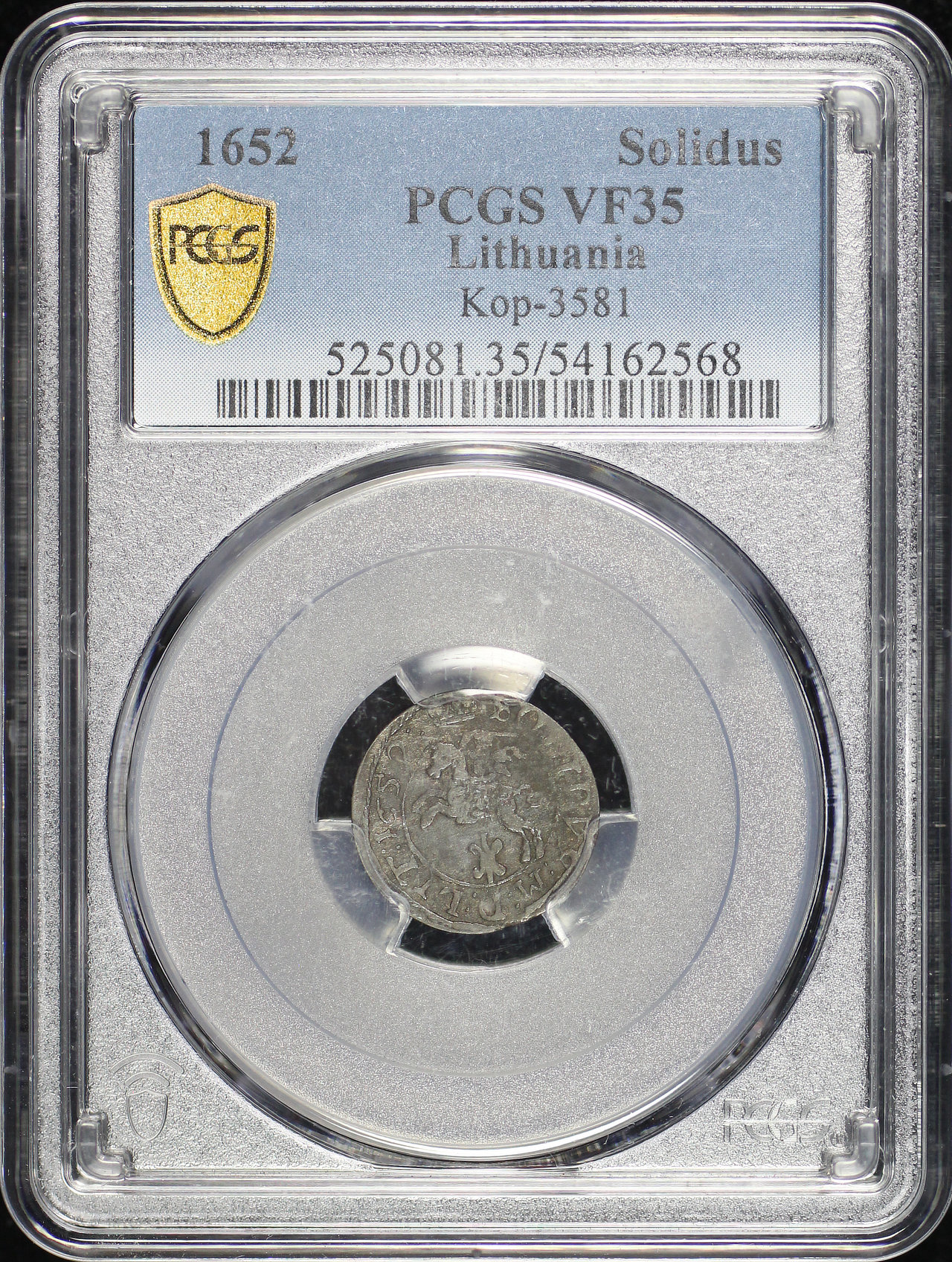 Obverse of this 1652 Lithuania Billon Solidus (Schilling) Kop-3581 KM-41 PCGS VF-35