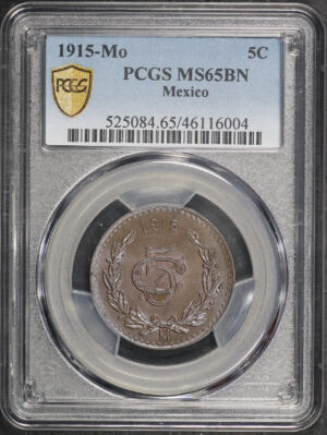 Obverse of this 1915-Mo Mexico 5 Centavos PCGS MS-65 BN