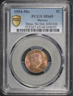 Obverse of this 1954-Mo Mexico 5 Centavos Brass No Dot PCGS MS-65