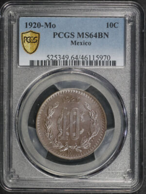 Obverse of this 1920-Mo Mexico 10 Centavo PCGS MS-64 BN