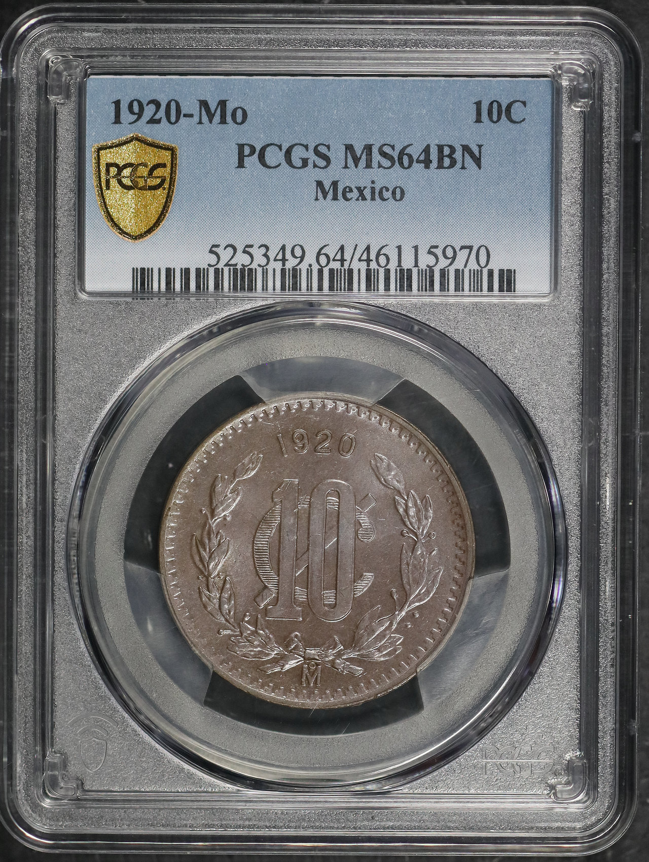 Obverse of this 1920-Mo Mexico 10 Centavo PCGS MS-64 BN