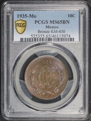 Obverse of this 1935-Mo Mexico Bronze 10 Centavos PCGS MS-65 BN
