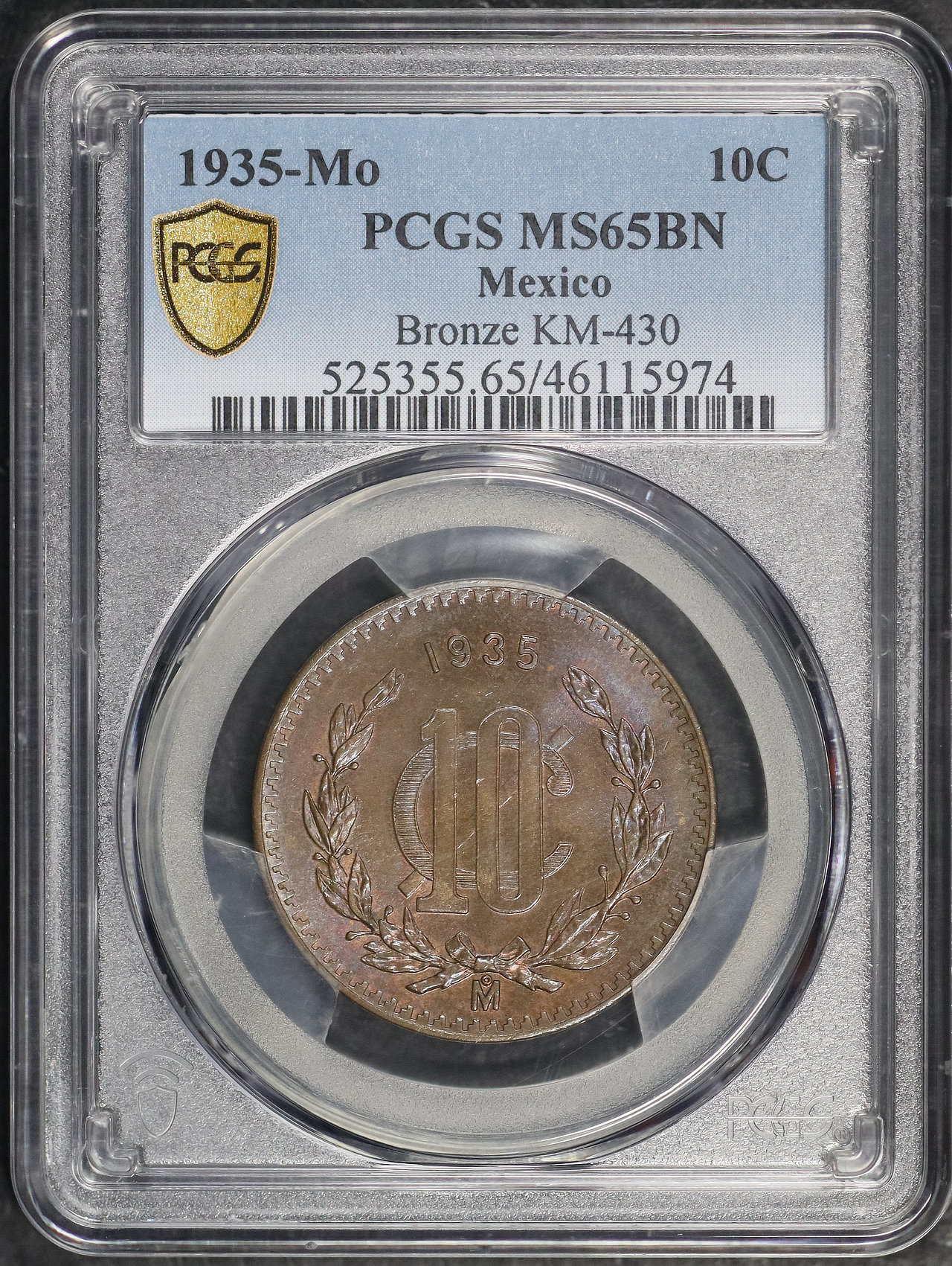 Obverse of this 1935-Mo Mexico Bronze 10 Centavos PCGS MS-65 BN