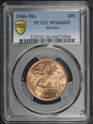Obverse of this 1946-Mo Mexico 20 Centavos PCGS MS-66 RD
