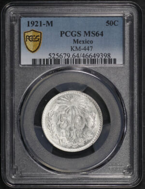 Obverse of this 1921-M Mexico 50 Centavos KM-447 PCGS MS-64