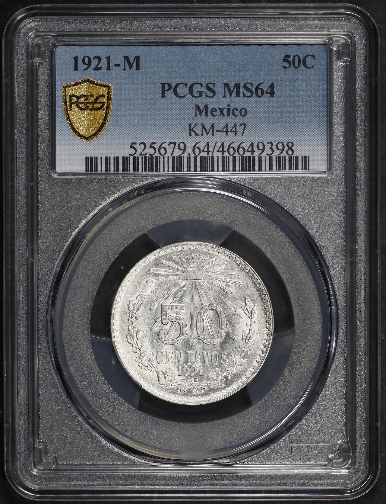 Obverse of this 1921-M Mexico 50 Centavos KM-447 PCGS MS-64