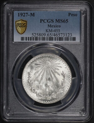 Obverse of this 1927-M Mexico Silver Peso KM-455 PCGS MS-65
