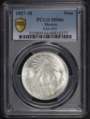 Obverse of this 1927-M Mexico Silver Peso KM-455 PCGS MS-66