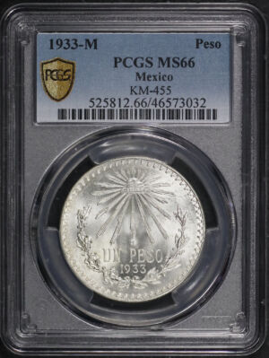 Obverse of this 1933-M Mexico Silver Peso KM-455 PCGS MS-66