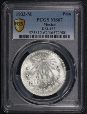 Obverse of this 1933-M Mexico Silver Peso KM-455 PCGS MS-67