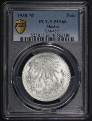 Obverse of this 1938-M Mexico Silver Peso KM-455 PCGS MS-66