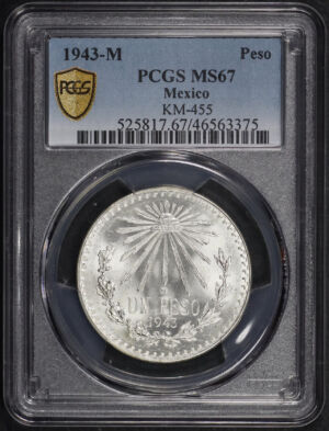 Obverse of this 1943-M Mexico Silver Peso KM-455 PCGS MS-67