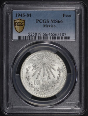 Obverse of this 1945-M Mexico Silver Peso  PCGS MS-66