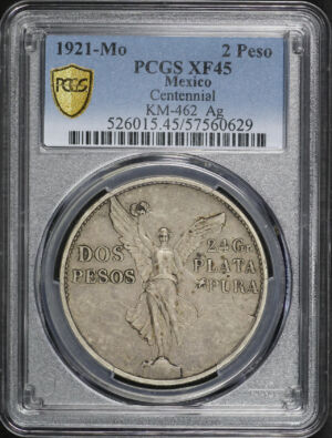 Obverse of this 1921-Mo Mexico Silver 2 Peso KM-462 Centennial KM-462Ag PCGS XF-45