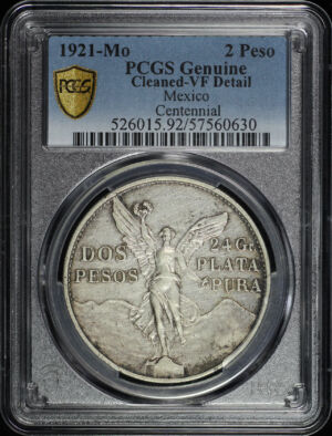 Obverse of this 1921-Mo Mexico Silver 2 Pesos KM-462 Centennial PCGS VF Details Cleaned