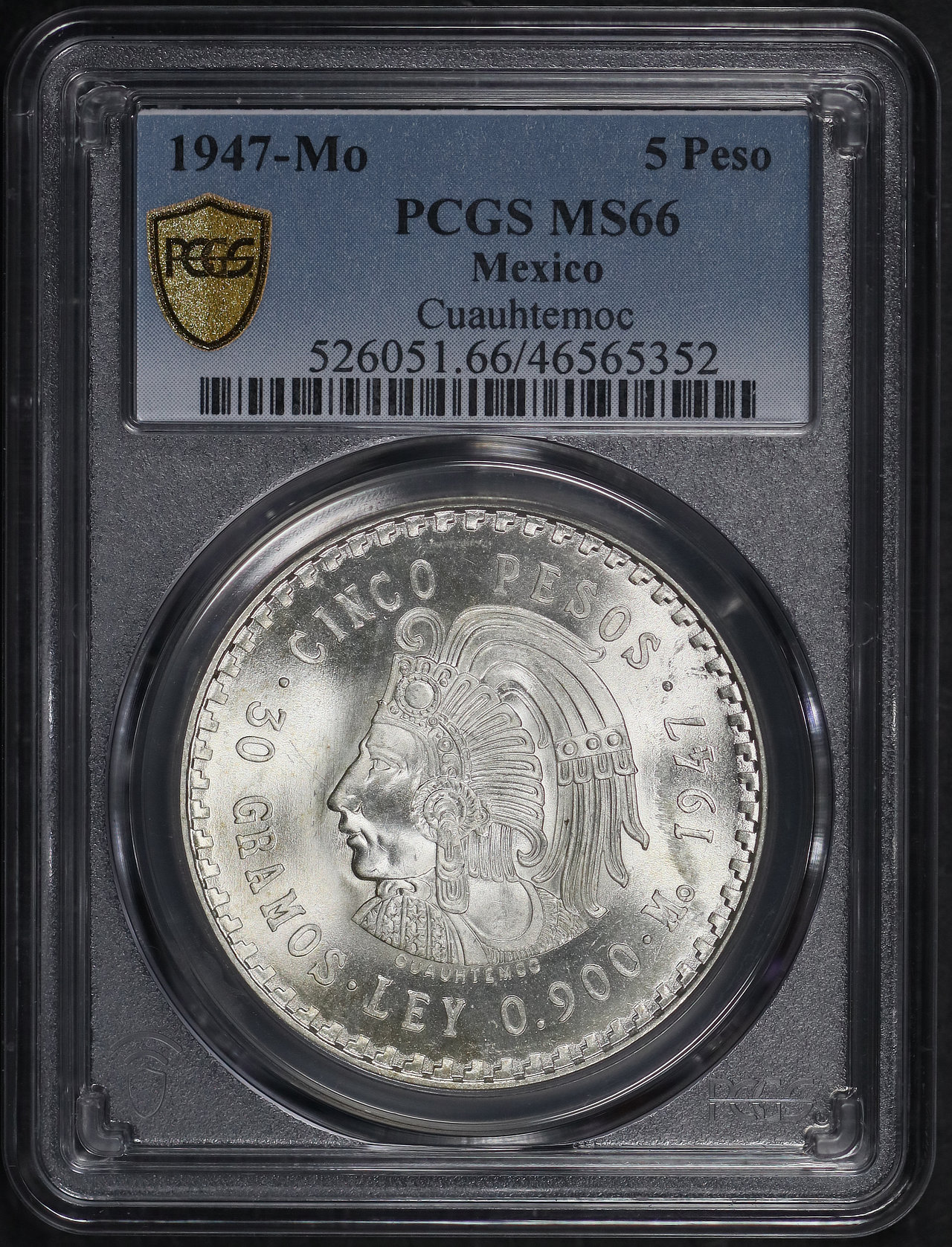 Obverse of this 1947-Mo Mexico Silver 5 Peso Cuauhtemoc PCGS MS-66