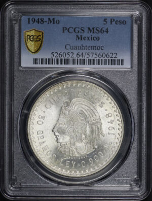 Obverse of this 1948-Mo Mexico Silver 5 Peso Cuauhtemoc PCGS MS-64