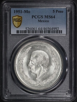 Obverse of this 1951-Mo Mexico Silver 5 Peso PCGS MS-64