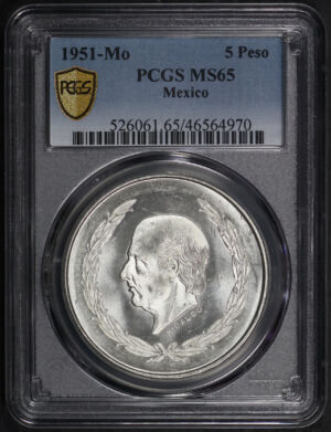 Obverse of this 1951-Mo Mexico Silver 5 Peso PCGS MS-65