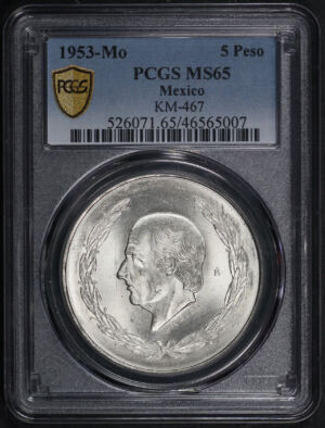 Obverse of this 1953-Mo Mexico Silver 5 Peso KM-467 PCGS MS-65