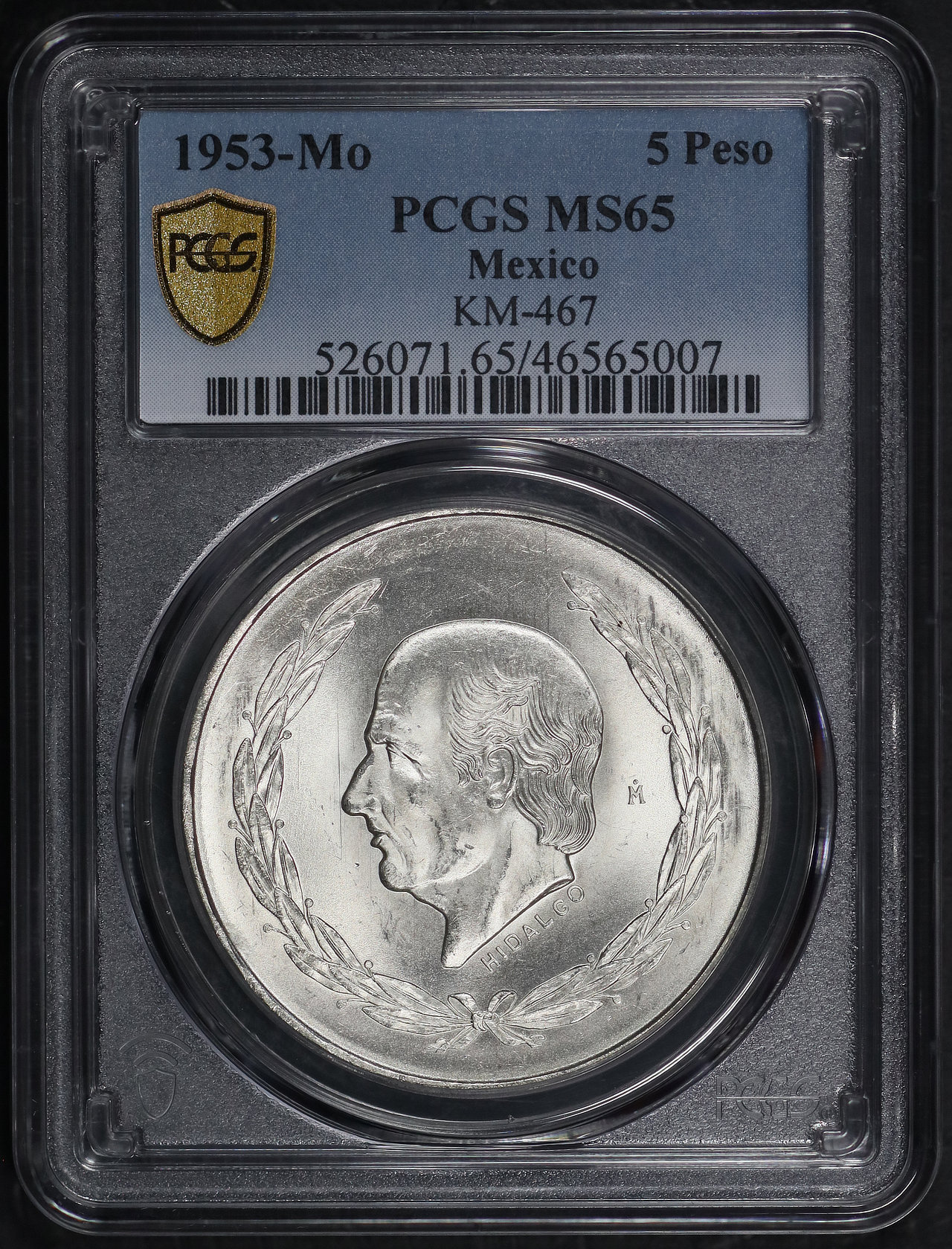 Obverse of this 1953-Mo Mexico Silver 5 Peso KM-467 PCGS MS-65