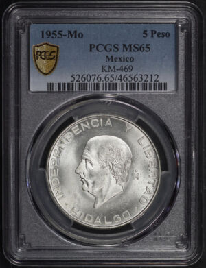 Obverse of this 1955-Mo Mexico Silver 5 Peso KM-469 PCGS MS-65