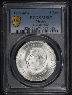 Obverse of this 1957-Mo Mexico Silver 5 Peso Constitution PCGS MS-67