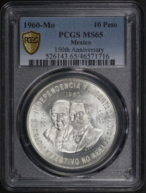 Obverse of this 1960-Mo Mexico Silver 10 Peso 150th Anniversary PCGS MS-65