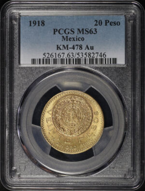 Obverse of this 1918 Mexico Gold 20 Pesos KM-478 PCGS MS-63